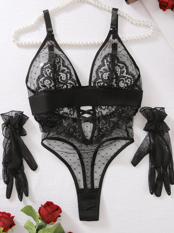 Lingerie sexy polka dot mesh lace splicing low-cut no-wire sexy jumpsuit set