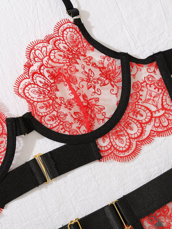 Black and red perspective embroidered lace sexy lingerie four-piece set