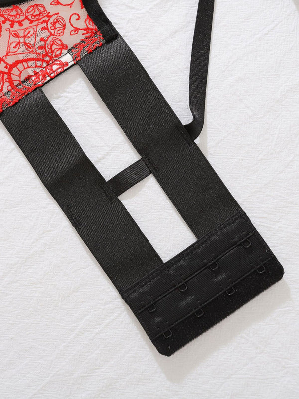 Black and red perspective embroidered lace sexy lingerie four-piece set