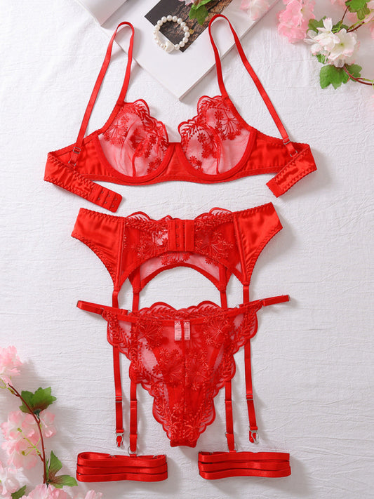 Fashionable embroidery patchwork sexy body-shaping lingerie four-piece set Red