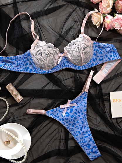 Ultra-thin light pink lace and blue leopard print underwire sexy lingerie set