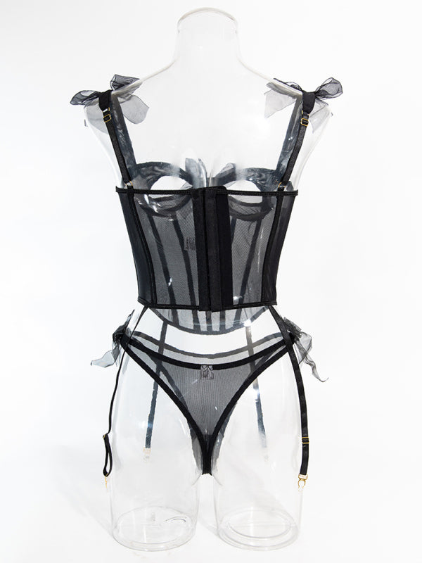 Sexy and comfortable see-through bow tie fishbone bra hot girl two-piece set