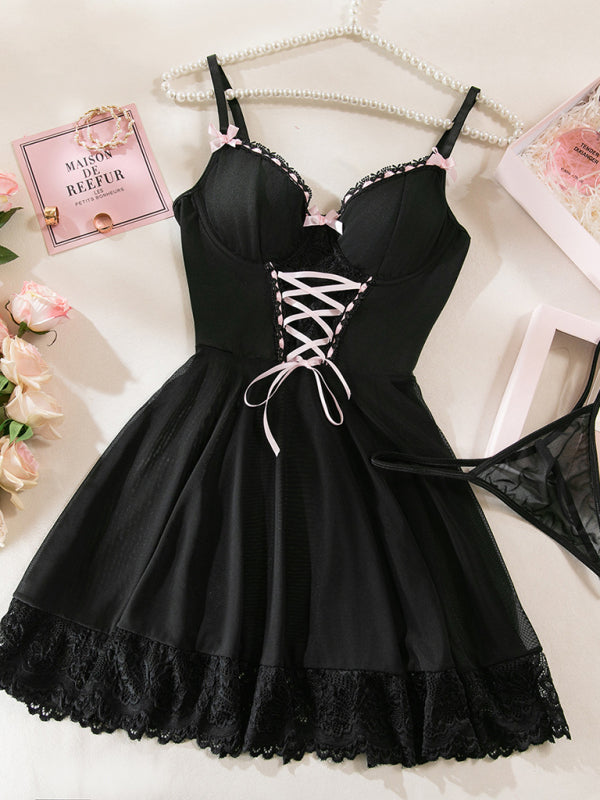 Lace stitching bow ribbon dress nightgown two-piece set