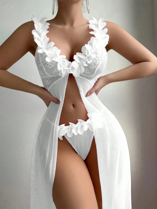 Sexy and sexy lingerie set with slits, see-through slip dress, long skirt, 2-piece set White