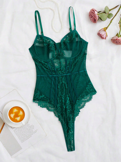 Pink lace-trimmed slimming halter-neck sexy bodysuit Green