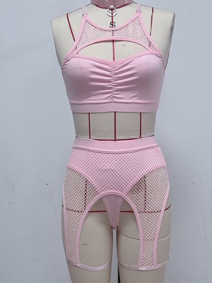 Sexy Lingerie Set with Black Mesh Panels Pink