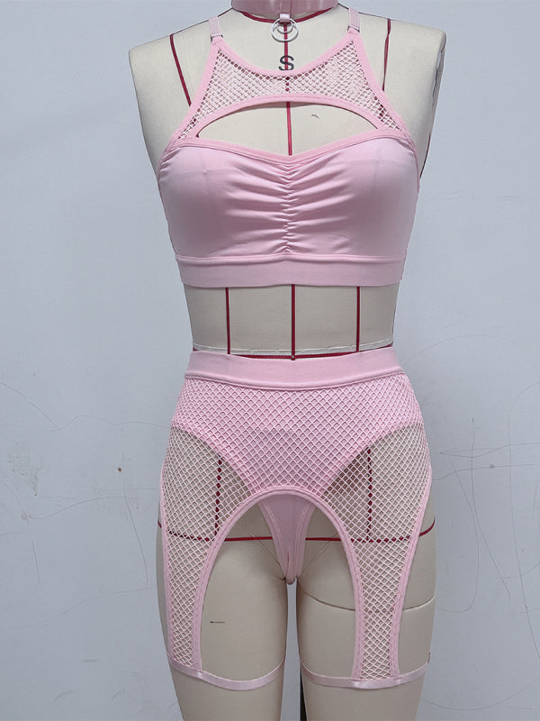 Sexy Lingerie Set with Black Mesh Panels Pink