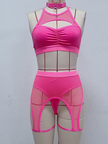 Sexy Lingerie Set with Black Mesh Panels Rose