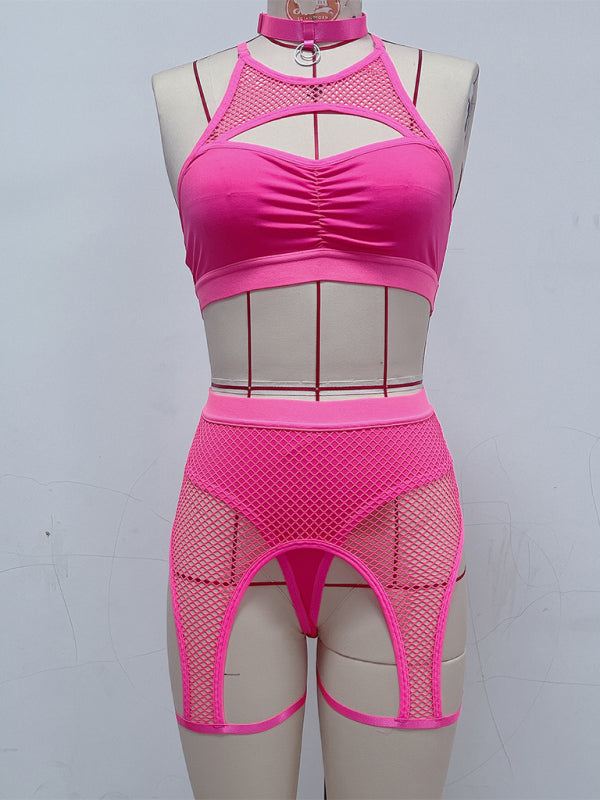 Sexy Lingerie Set with Black Mesh Panels Rose