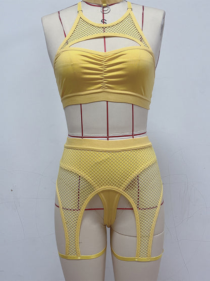 Sexy Lingerie Set with Black Mesh Panels Yellow