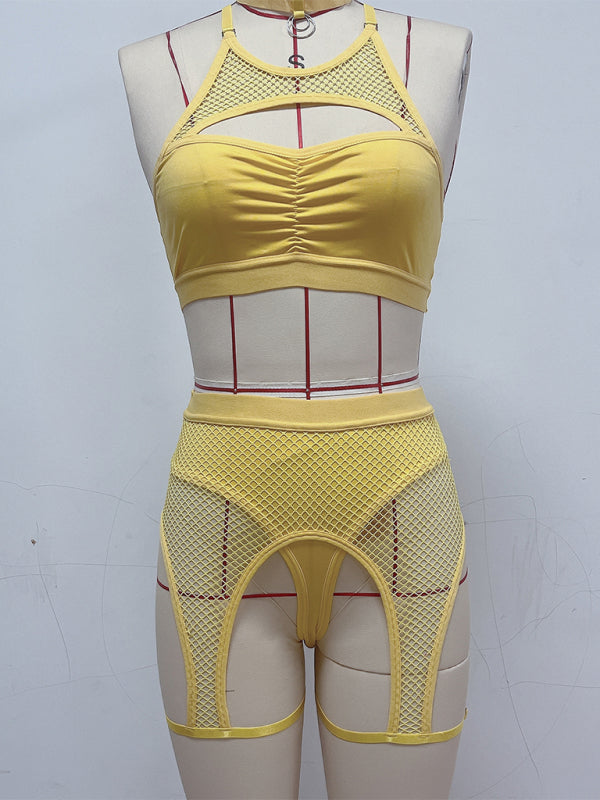 Sexy Lingerie Set with Black Mesh Panels Yellow