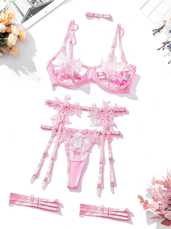 New Embroidered See-Through Sexy Lingerie Bra Set Pink