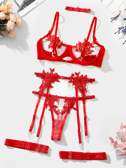 New Embroidered See-Through Sexy Lingerie Bra Set Red