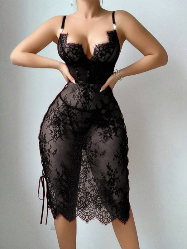 Red Lace Hollow-Out Sexy Bodycon Lingerie Dress Black
