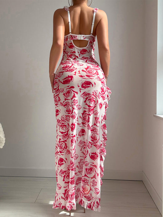 New women's floral print halter dress with slit, sexy lingerie