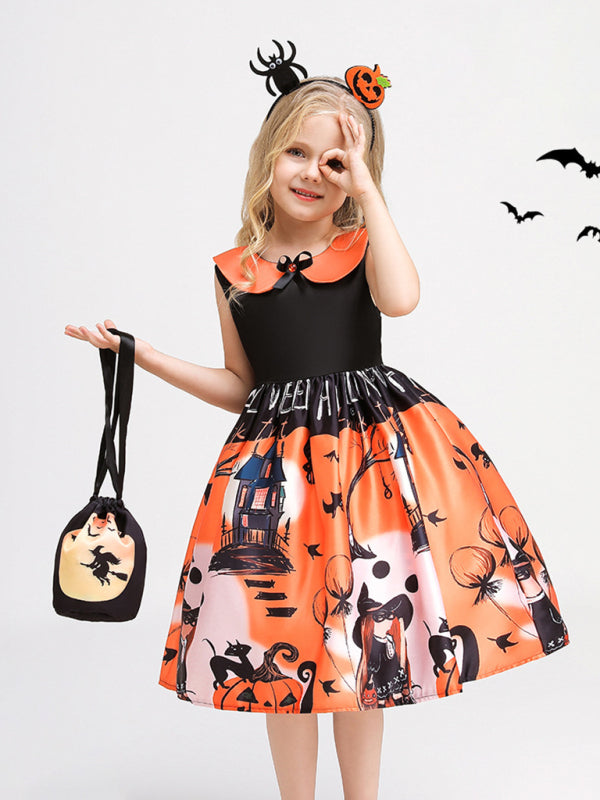 Halloween children's clothing, girls cosplay witch pumpkin performance dress princess dress Pattern1