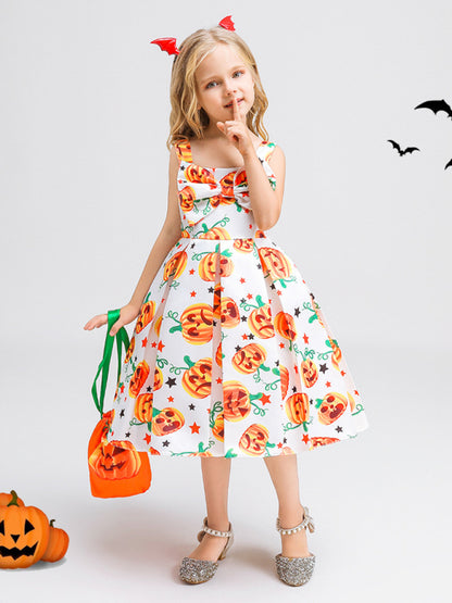 Halloween children's clothing, girls cosplay witch pumpkin performance dress princess dress White