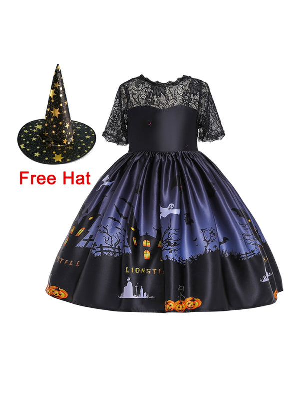 Halloween Witch Cosplay Dress for Kids - Cartoon Print Costume Dress Multiple Patterns Black