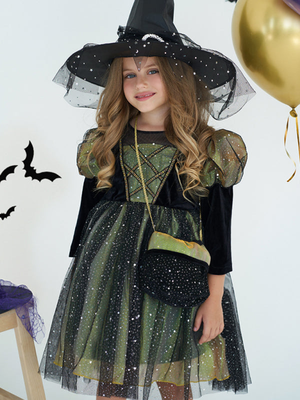 Girls Witch Dress Halloween Costume - Green & Golden Party Outfit Green