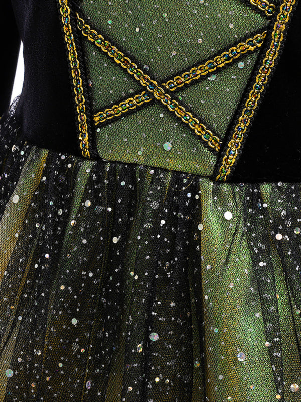 Girls Witch Dress Halloween Costume - Green & Golden Party Outfit