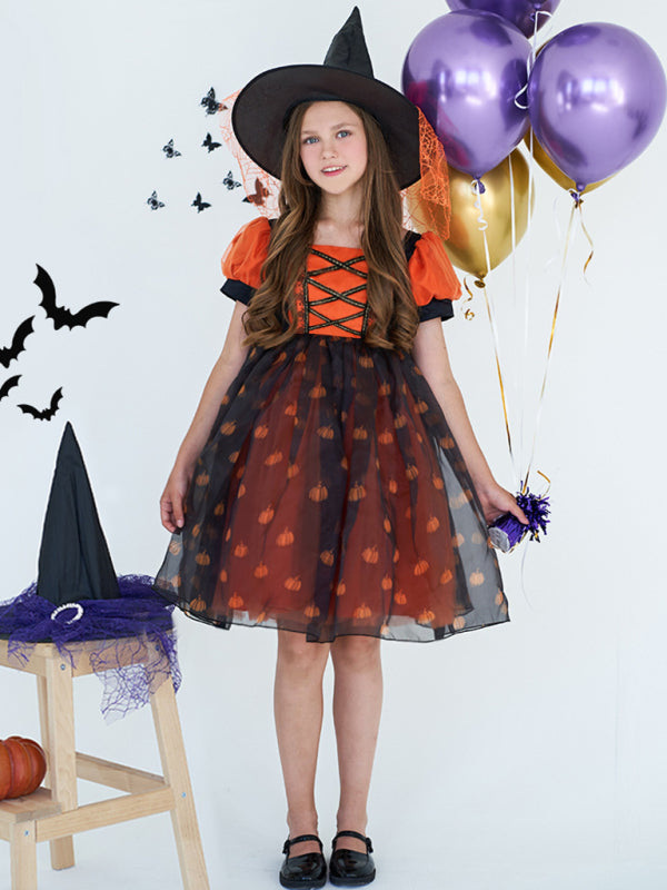 Girls Halloween Pumpkin Witch Dress - Orange Kids Costume Orange