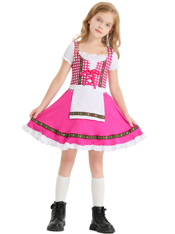 Children's clothing German traditional beer festival suit black and pink plaid print ethnic performance clothing Pink