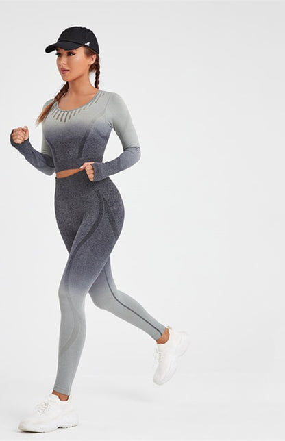 Women's Long Sleeve Gradient Yoga Set - High Waist Leggings & Top