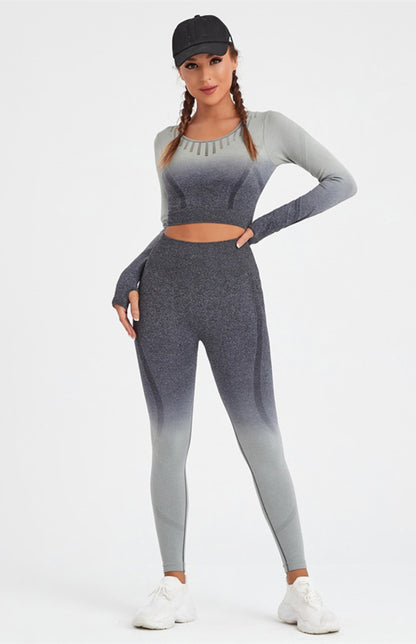 Women's Long Sleeve Gradient Yoga Set - High Waist Leggings & Top