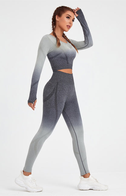Women's Long Sleeve Gradient Yoga Set - High Waist Leggings & Top