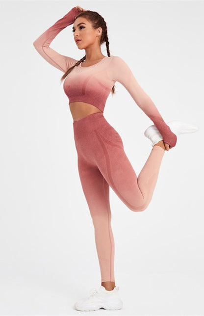 Women's Long Sleeve Gradient Yoga Set - High Waist Leggings & Top