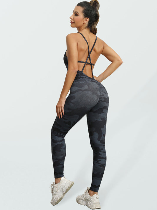 Women's Camo Athletic Jumpsuit - Cross Strap & High Waist Design Dark Gray