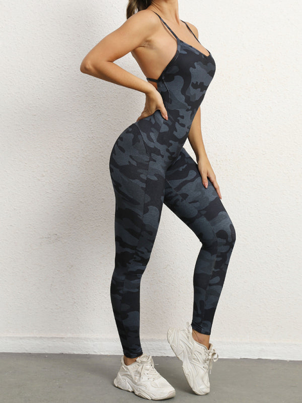 Women's Camo Athletic Jumpsuit - Cross Strap & High Waist Design