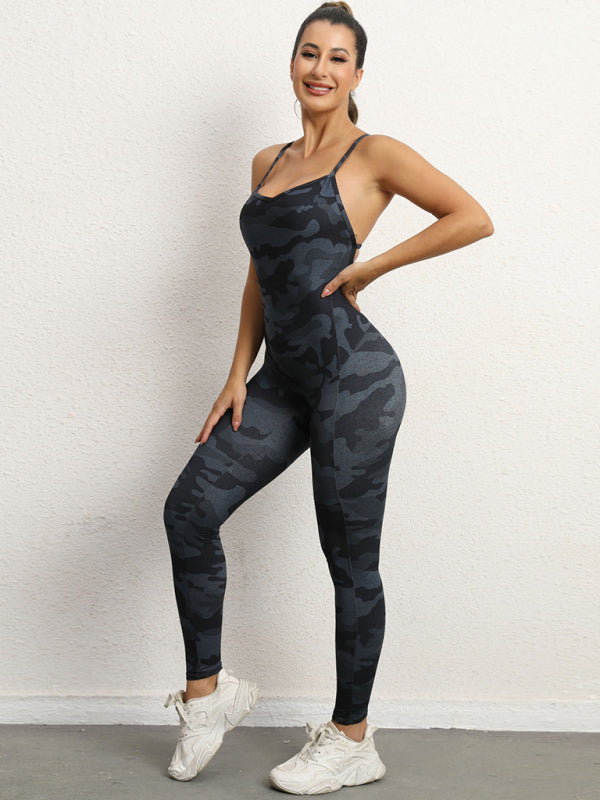Women's Camo Athletic Jumpsuit - Cross Strap & High Waist Design