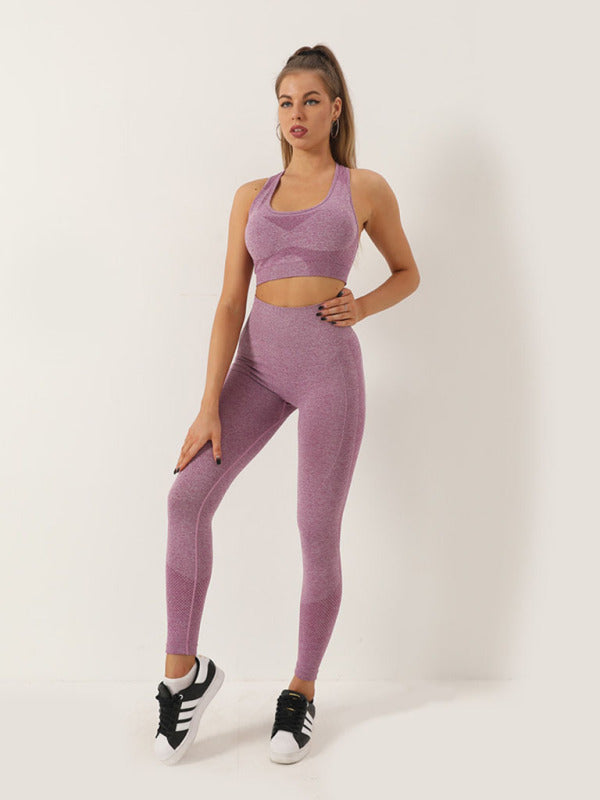 Women's Seamless Athletic Set - Dotted Sports Bra & High-Waist Leggings dark purple