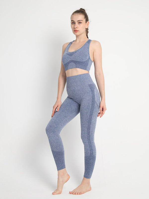 Women's Seamless Athletic Set - Dotted Sports Bra & High-Waist Leggings Light blue grey
