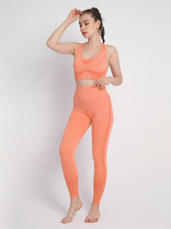 Women's Seamless Athletic Set - Dotted Sports Bra & High-Waist Leggings Orange