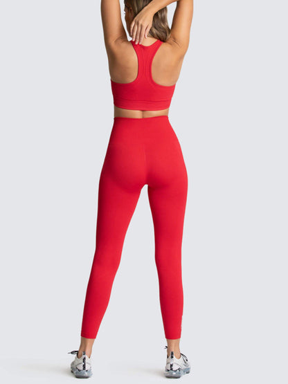Women's Beautiful Back High Waist Peach Hip Seamless Knitted Vest & Pants Set Red