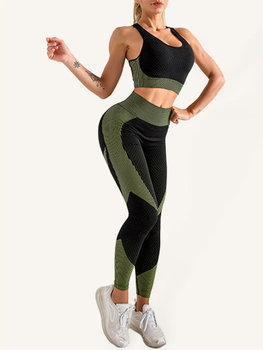 Women's Halter Neck Yoga Tank Top & High Waist Leggings Set Olive green