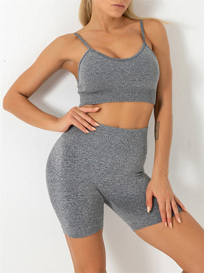 Women's Solid Color Seamless Camisole Yoga Sports Bra & Shorts Set Grey