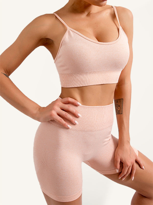 Women's Solid Color Seamless Camisole Yoga Sports Bra & Shorts Set Pink