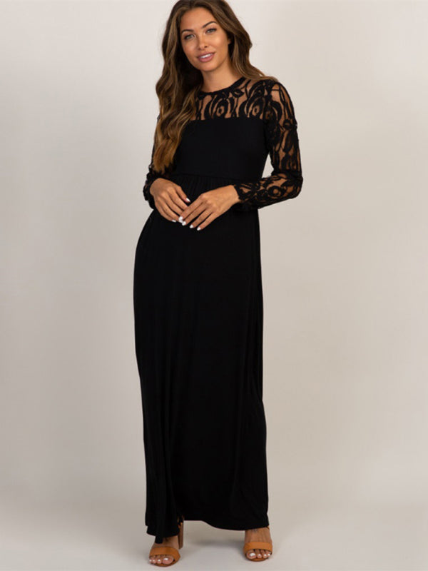 Maternity Lace Dress - Long Sleeve Round Neck Solid Color Black