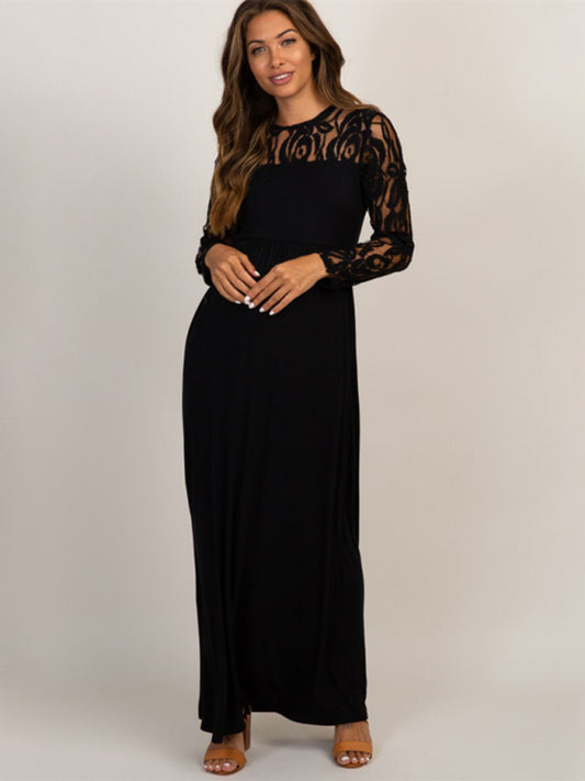 Maternity Lace Dress - Long Sleeve Round Neck Solid Color Black