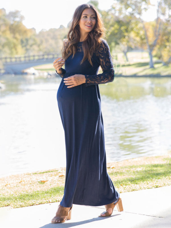 Maternity Lace Dress - Long Sleeve Round Neck Solid Color