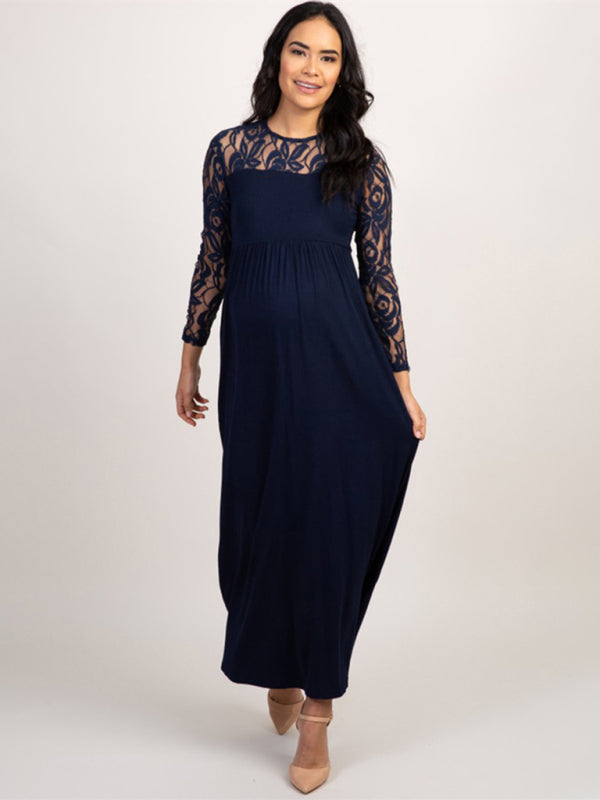 Maternity Lace Dress - Long Sleeve Round Neck Solid Color Champlain color