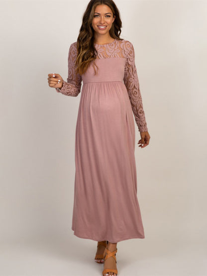 Maternity Lace Dress - Long Sleeve Round Neck Solid Color