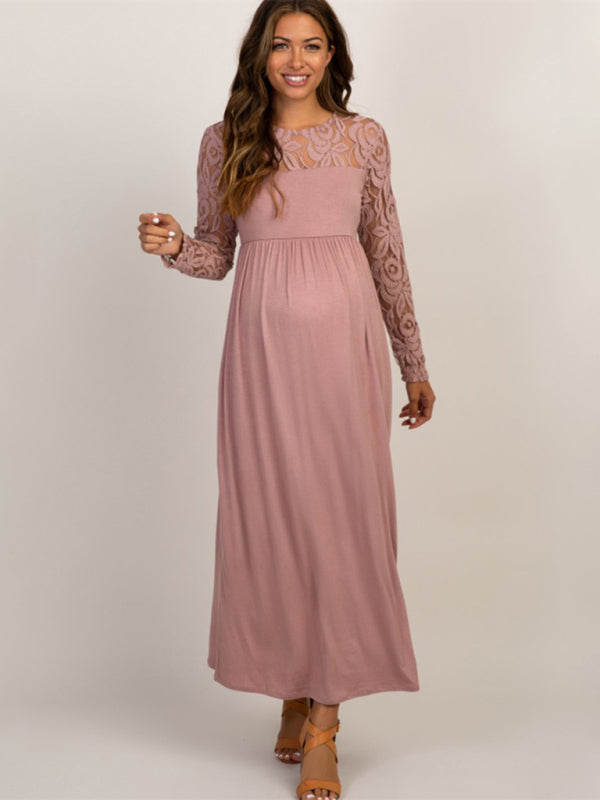 Maternity Lace Dress - Long Sleeve Round Neck Solid Color