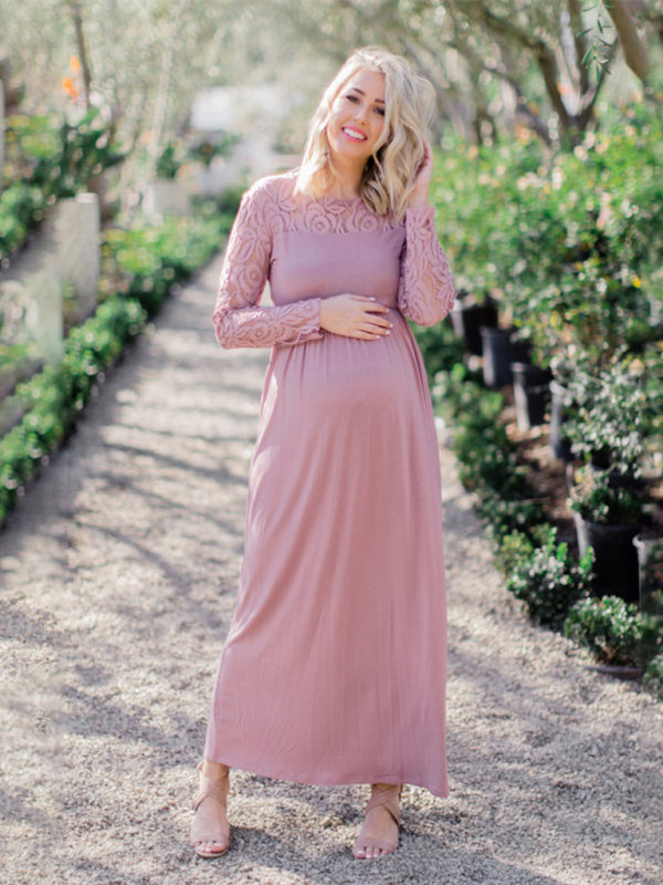 Maternity Lace Dress - Long Sleeve Round Neck Solid Color Pink