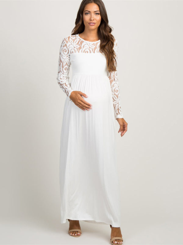 Maternity Lace Dress - Long Sleeve Round Neck Solid Color White