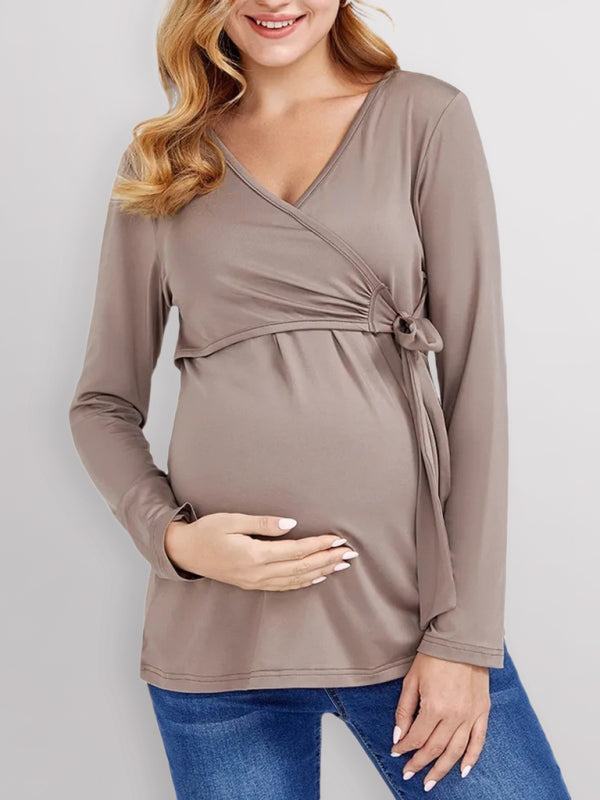 European and American solid color nursing V-neck long-sleeved maternity dress Khaki