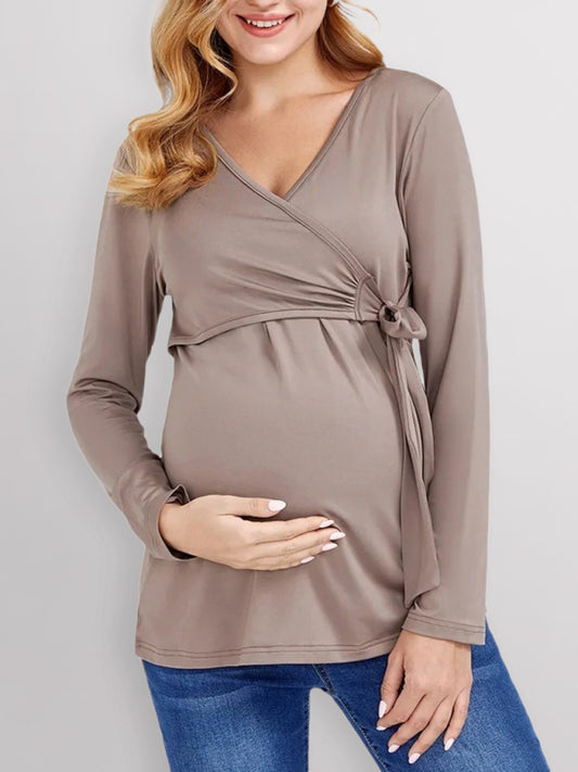 European and American solid color nursing V-neck long-sleeved maternity dress Khaki